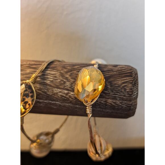 Two Chunky Wire Wrapped Gold Tone Faux Pearl Gem 2.5" Wide Bangle Bracelets - Picture 3 of 8